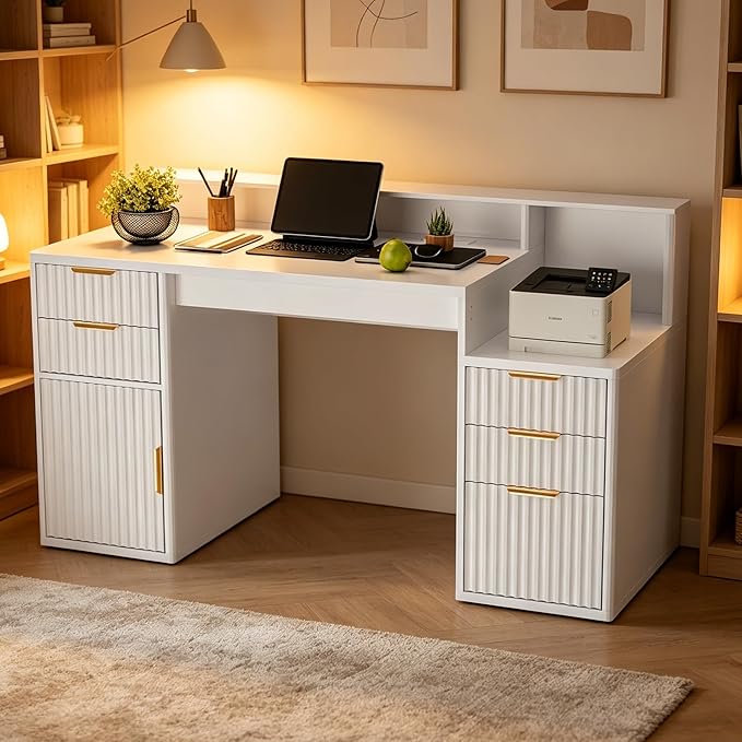 Garvee Rectangular Computer Desk with Hutch & Printer Stand, Ripple Door Storage Home Office Desk, Space-Saving Study Writing Desk for Bedroom, Sturdy Board Student Desk with Easy Assembly, White