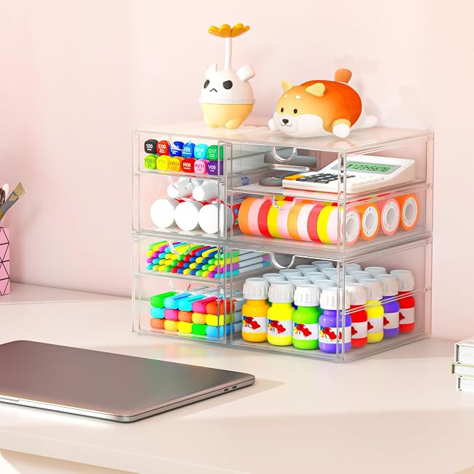 caktraie 6-Pack 30-Drawer Acrylic Storage & Makeup Organizer for Desk | Smooth-glide drawers, clear body, dustproof, for office supplies, pens, stationery, jewelry, cosmetics, craft bits