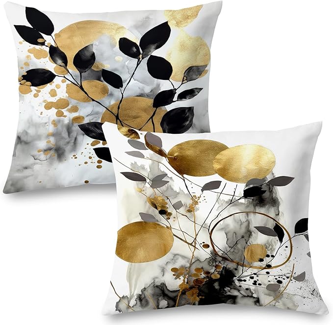 Black and Gold Botanical Pillow Covers 22x22 Set of 2, Abstract Modern Decorative Throw Pillow Covers for Living Room Bedroom, Modern Home Decor, Black and Gold Bedroom Living Room Decor