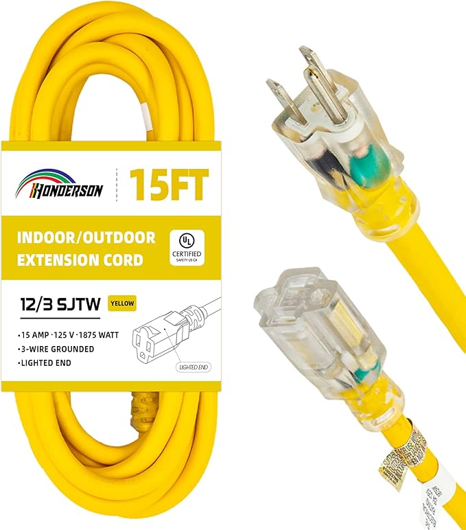 Indoor Outdoor Extension Cord Weatherproof with Lighted End, UL Certified, 12 Gauge 15FT Yellow 3 Prong Heavy Duty, 12/3 SJTW 15A Power Cord for Outdoor Lights, Lawn