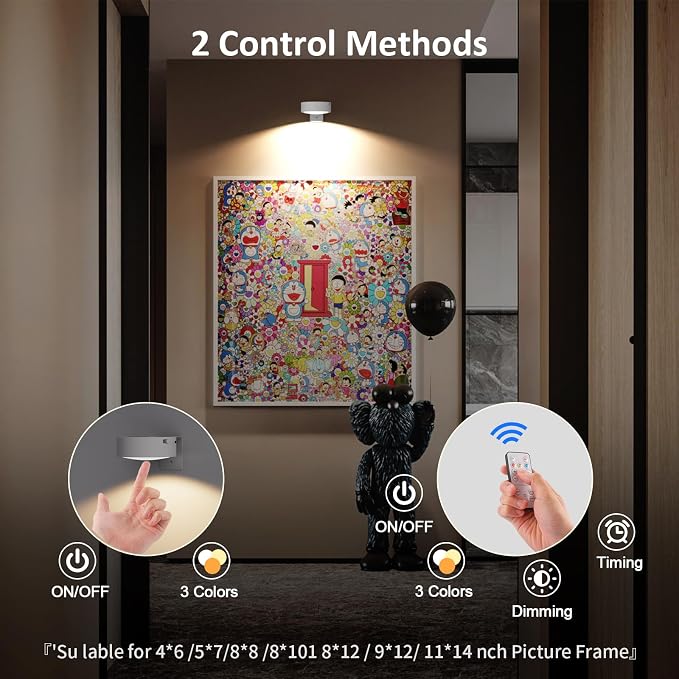 Tututry Picture Lights for Wall, Rechargeable Battery Operated Wireless Magnetic Painting Lights with Remote Dimmable and Timer, Wall Decor Lights with 3 Lighting Modes for Art Display (White, 6Pack)