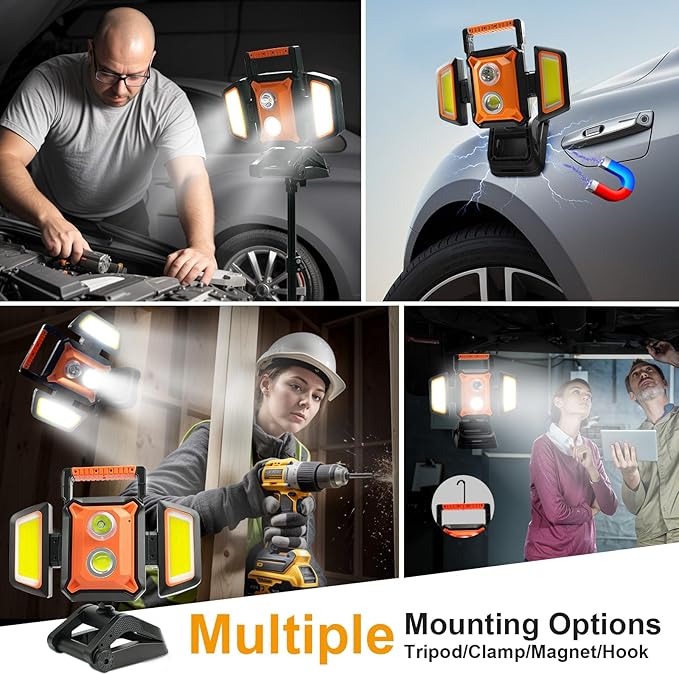 4000LM LED Work Light Rechargeable with Clamp, 40W Magnetic Work Light Battery Powered with 5 Light Modes, 350° Rotation, Portable Job Site Lighting for Construction Site,Workshop,Car Repairing