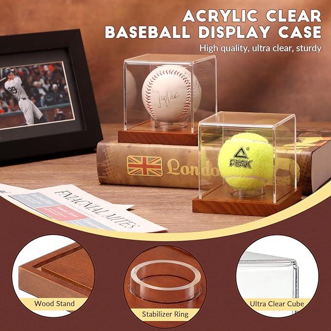 JupDec Baseball Display Case, Clear Cube Baseball Holder with Wooden Base, Autograph Baseball Stand Box for Single Ball, Acacia Wood, Brown, 2 Pack