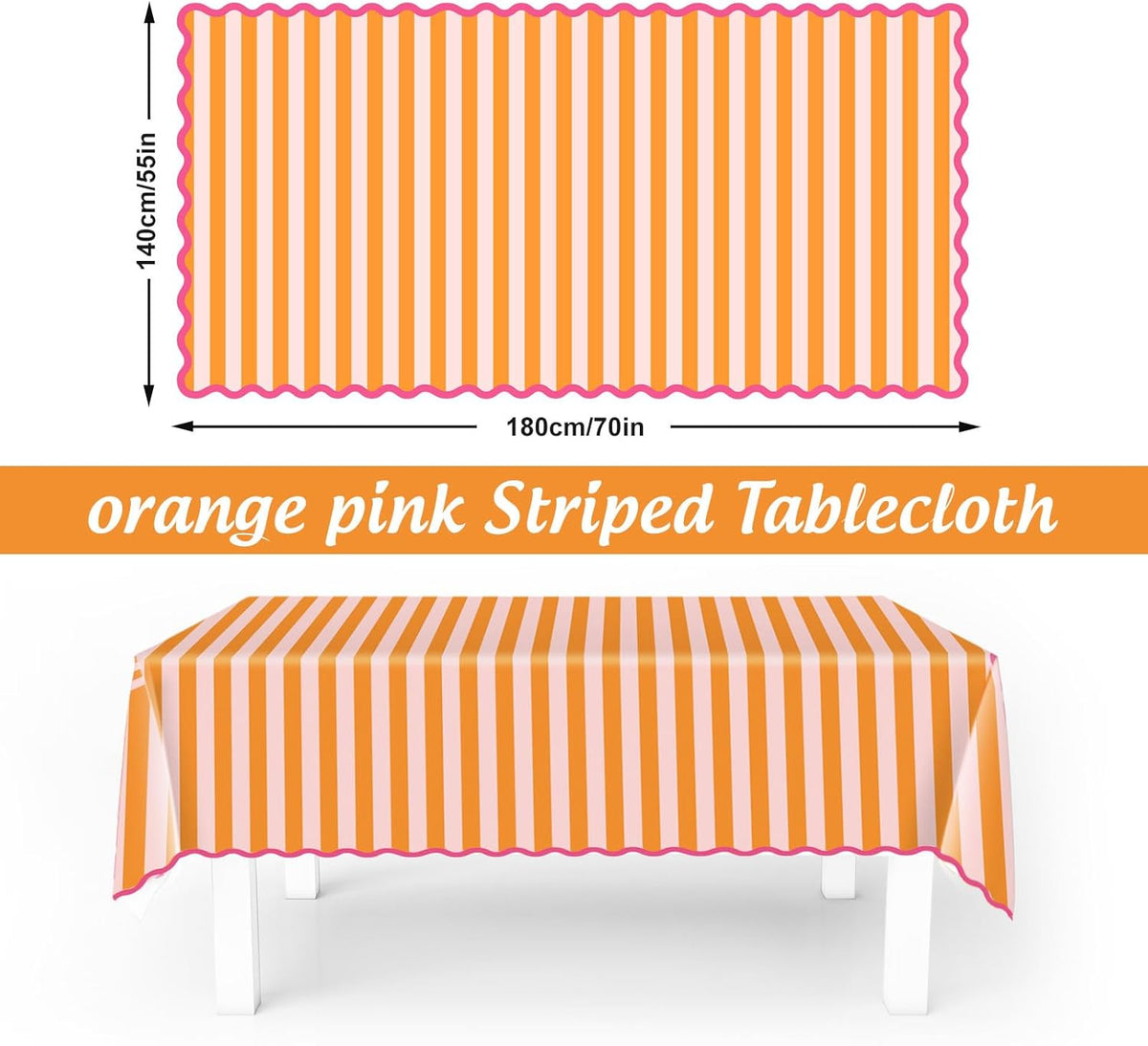 Whaline Scalloped Edge Tablecloth, Orange Pink Striped, 55 x 70 Inch | Waterproof Fabric Tablecloth, Rectangle Table Cover, for Home Kitchen Table Decoration