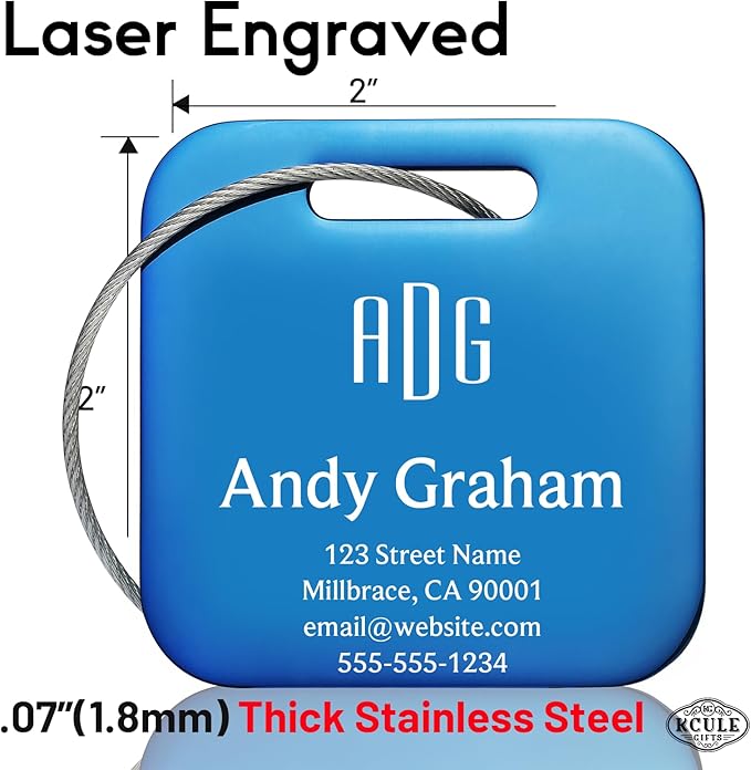 Personalized Luggage Tags for Suitcases - Stainless Steel Custom Luggage Tags for Backpacks & Bags, Sturdy, Waterproof & Heavy Duty (Blue/Square)