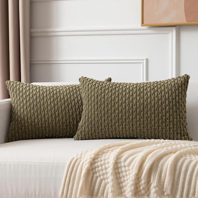 Kevin Textile Soft Corduroy 12"x24" Lumbar Pillow Cover 1 Pack, Olive Green | Boho Stripe Plush Corduroy Decorative Oblong Cushion Cover Modern Farmhouse Home Decor for Sofa Couch Bed Chair