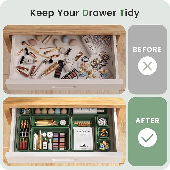 【Military Grade】A-LuGei Drawer Organizer,【】Makeup organizer,【Holds 177 Items】Bathroom Organizers and Storage,Organization and Storage,Desk Drawer Organizer for Vanity【Green】