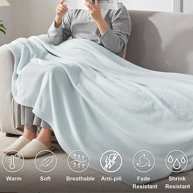 Hansleep Throw Ice Blue Fleece Blanket, Soft Flannel Bed Blanket | Fuzzy Cozy Blanket 50x60 Inches, Multi-use for Bed, Sofa, Couch, Travel, Camping, All Season Warm Lightweight Cover