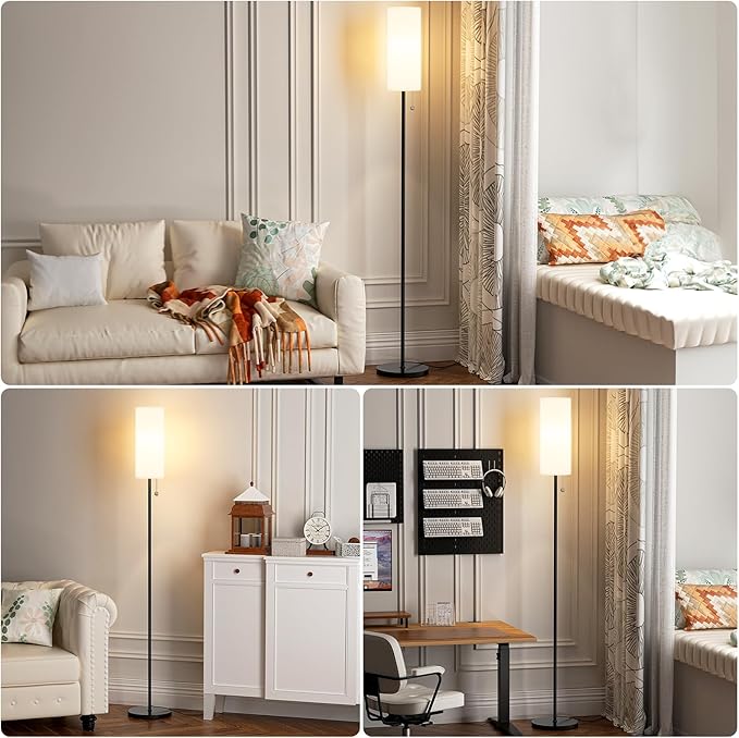 Ambimall Floor Lamp with 3 Color Temperatures Bulb Set of 2, 64" Standing lamp with Linen lampshade for Bedroom, Minimalist Pole Lamp, White Shade & Black Pole