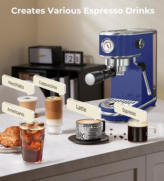 atatix 20 Bar Espresso Machine with Milk Frother, Compact Espresso Maker | Stainless Steel Coffee Machine with Precise Temp Control & 44oz Removable Water Tank for Latte, Cappuccino, Dark Blue
