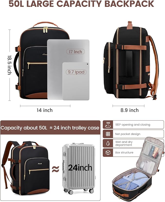 LOVEVOOK 50L Travel Backpack for Women & Men, Airline Approved Carry On Luggage with 3 Packing Cubes, TSA Overnight Bags, Waterproof Personal Item Bag, Weekender Essentials Backpacks fits 17" Laptop