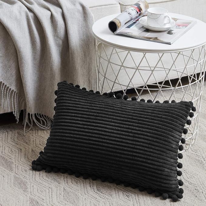 Fancy Homi 2 Pack Black Lumbar Decorative Throw Pillow Covers 12x24 Inch with Pom-poms for Couch Bedroom Sofa, Farmhouse Boho Home Decor, Soft Corduroy Solid Rectangle Cushion Case 30x60 cm