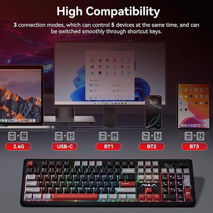 AULA F106 Pro Wireless Gaming Keyboard Creamy Mechanical Keyboards 104 Keys | 8000mAh,Hot Swappable Custom Full Size Knob&Screen,RGB Backlit,Pre-lubed Blaze Switches,PBT Keycaps,Tri-Mode BT/2.4GHz/USB-C