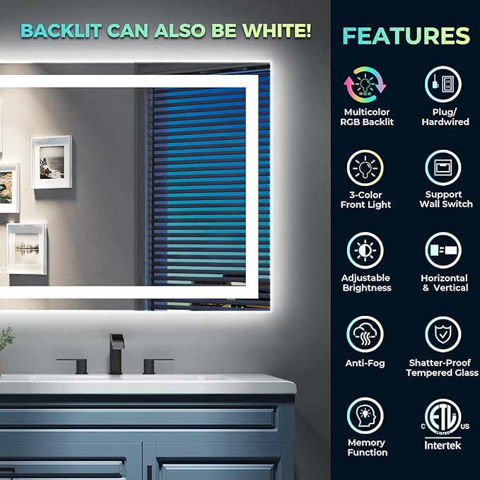 55x36 Inch RGB LED Bathroom Mirror Front Light and RGB Backlit Lighted Vanity Mirror for Bathroom Wall Mounted Dimmable Anti Fog Memory Shatter-Proof IP54 Waterproof Horizontal/Vertical