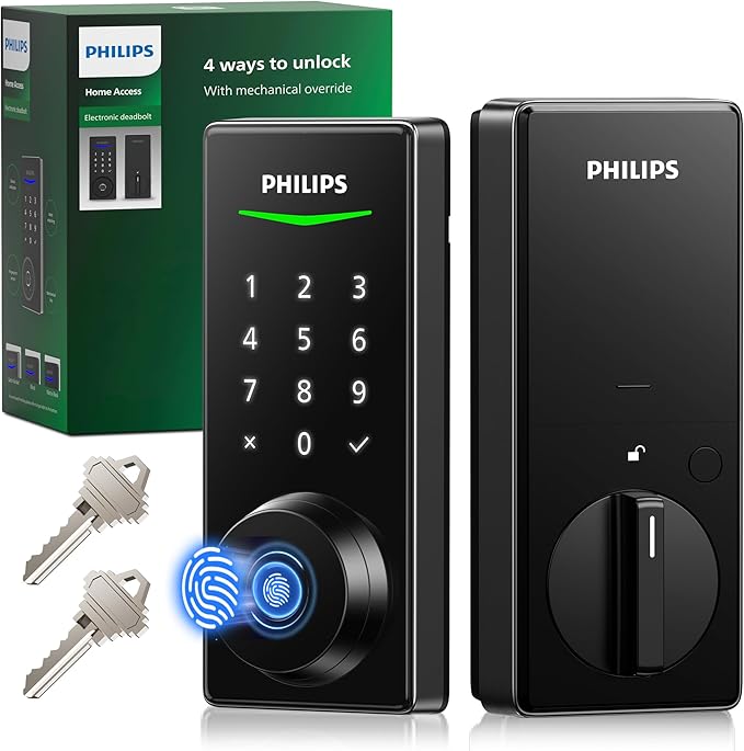Philips Fingerprint Keyless Entry Door Lock, Electronic Door Lock with Touchscreen, Long-Lasting Battery, Auto Locking, One-Time Code, Keypad Deadbolt, One-Touch Locking, Matte Black