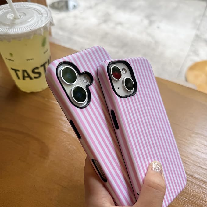 for iPhone 16 Case Striped Cute Aesthetics Phone Case Trendy Protective Shockproof Cover for iPhone 16 Pink White