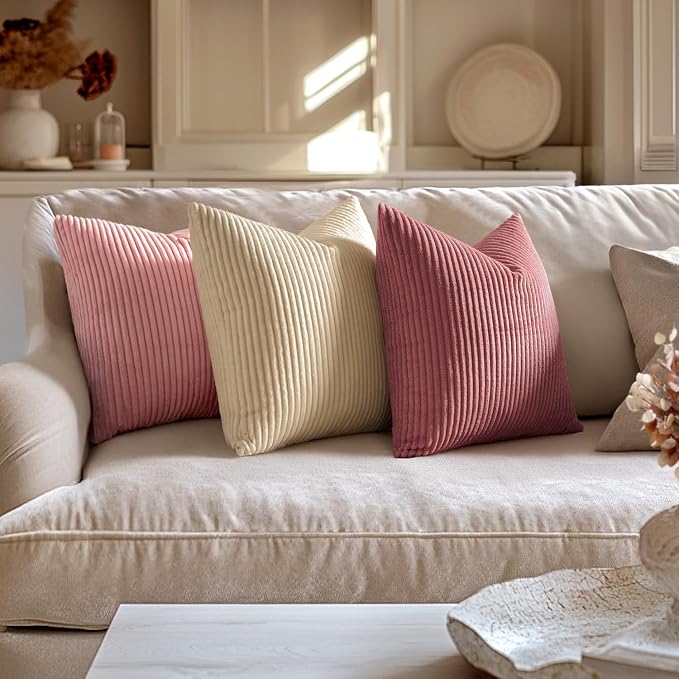 MIULEE Decorative Corduroy Throw Pillow Covers Set of 2 18x18 Beige | Soft Striped Textured Cushion Cases, Boho Square Pillowcases Neutral Home Decor, for Couch Chair Sofa Bed Living Room