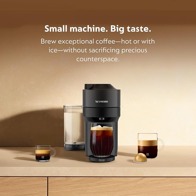 Nespresso Vertuo Pop+ Iced Coffee & Espresso Maker Bundle by De'Longhi | Iced Coffee Bundle by De'Longhi in Liquorice Black: 10 iced coffee pods, 10 Melozio pods and a travel tumbler included.