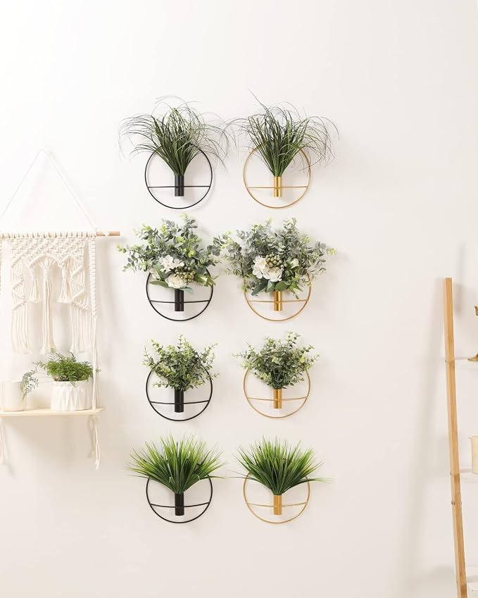 Pretty Jolly Boho Eucalyptus Wall Decor Gold Metal Wall-Mounted Art | Morden Artificial Greenery Display，2 Pack Eucalyptus Hanging Planter For Living Room, Bedroom, Bathroom, Dining room