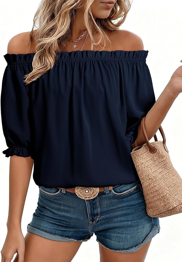 EVALESS Womens Tops Off The Shoulder Blouses for Women Dressy Casual Cute Puff Sleeve T Shirts Fashion 2026