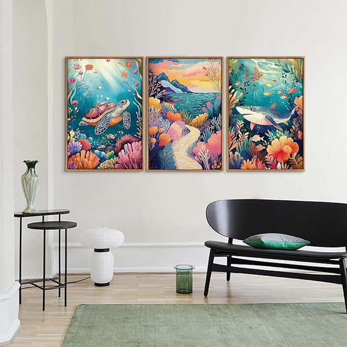 YeeHomedec Large Tropical Ocean Themed Framed Canvas Wall Art, Sea Turtle Shark Wall Decor, Coastal Nature Landscape Art Print, Marine Life Poster for Kids Nursery Classroom Playroom Bedroom 16"x24"x3