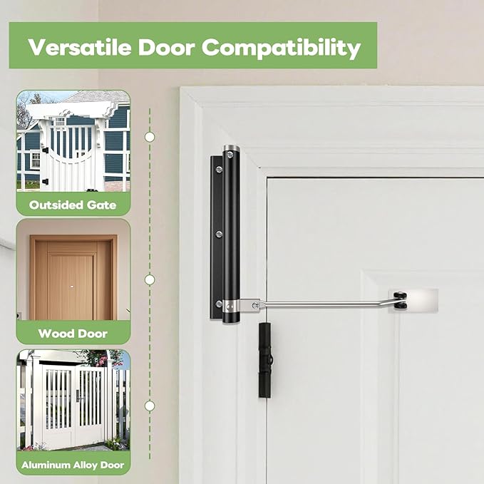 Automatic Door Closer, Stops Door Slamming, Ultra-Quiet Soft Close for Home & Apartment Doors, Upgraded Aluminum Roller Arm, Scratch-Free, Adjustable Speed, Self Closing Spring Door Closer, Black