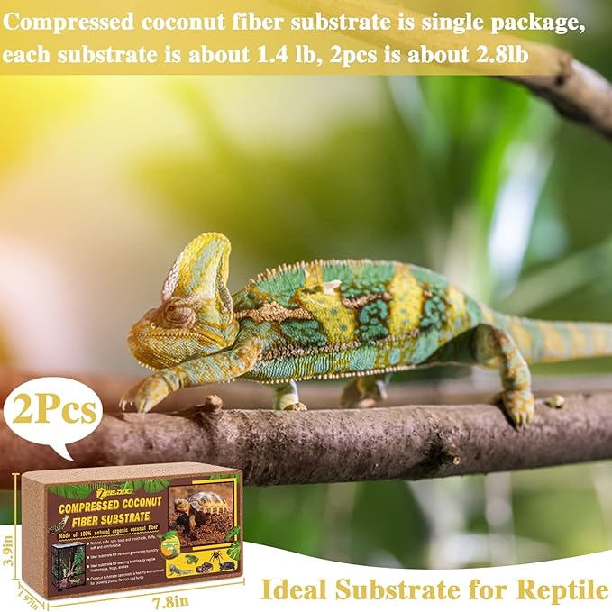 ZeeDix 2 Pack Coconut Fiber Substrate, 100% Organic Coconut Husk Coco Coir Brick Terrarium Bedding for Reptiles, Tortoise, Bearded Dragon, Leopard Gecko, Snake, Hermit Crabs, Frogs, Tarantula