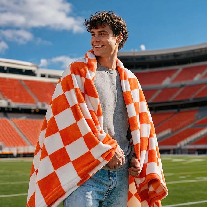 BEDELITE Plaid Twin Blanket for Checker Neyland, Orange & White 60"x80" | Tennessee vols Decor, Gift for Vol Nation,100% Polyester Microfibe, Soft, Lightweight Warm, Machine Washable, for Couch Bed