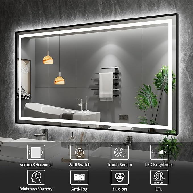 Amorho 40"X32" LED Bathroom Mirror with Black Frame, Front Light and Backlit, Stepless Dimmable, Anti-Fog, Shatter-Proof, Memory, 3 Colors, Double LED Vanity Mirror