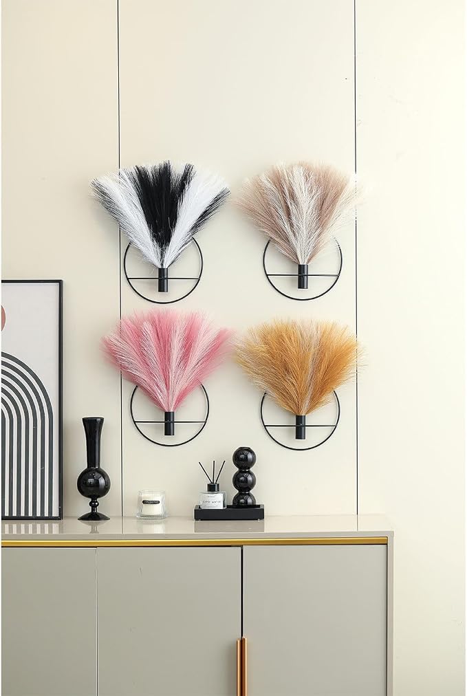 Pretty Jolly Boho Pampas Pink Wall Decor Black Metal Art | Morden Artificial Greenery Display，2 Pack Black Hanging Planter For Living Room, Bedroom, Bathroom, Dining room