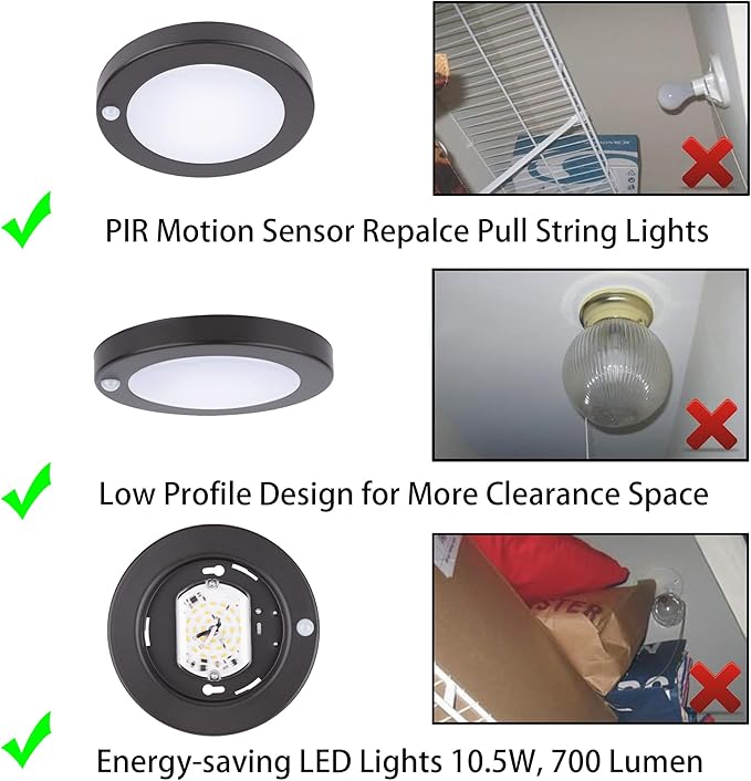 YoonLIT Flush Mount PIR Motion Sensor LED Ceiling Light, 6.2 Inch 10.5W 700 Lumen, Motion Activated Ceiling Fixture for Closet, Garage, Doorway, Stairway, Hallway, Bronze Finish 3000K 2-Pack