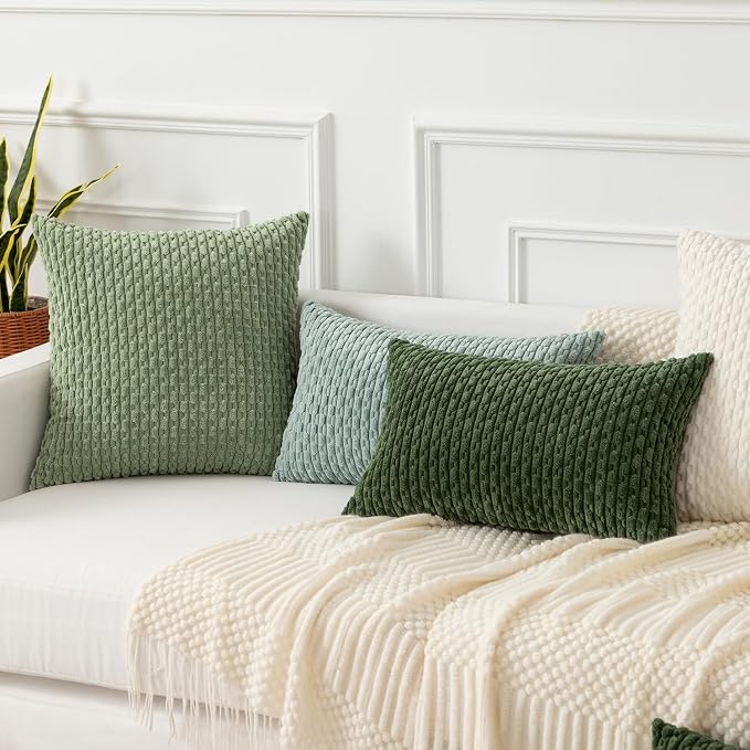 Kevin Textile Soft Corduroy 14"x22" Lumbar Pillow Cover 1 Pack, Grey Green | Boho Stripe Plush Corduroy Decorative Oblong Cushion Cover Modern Farmhouse Home Decor for Sofa Couch Bed Chair