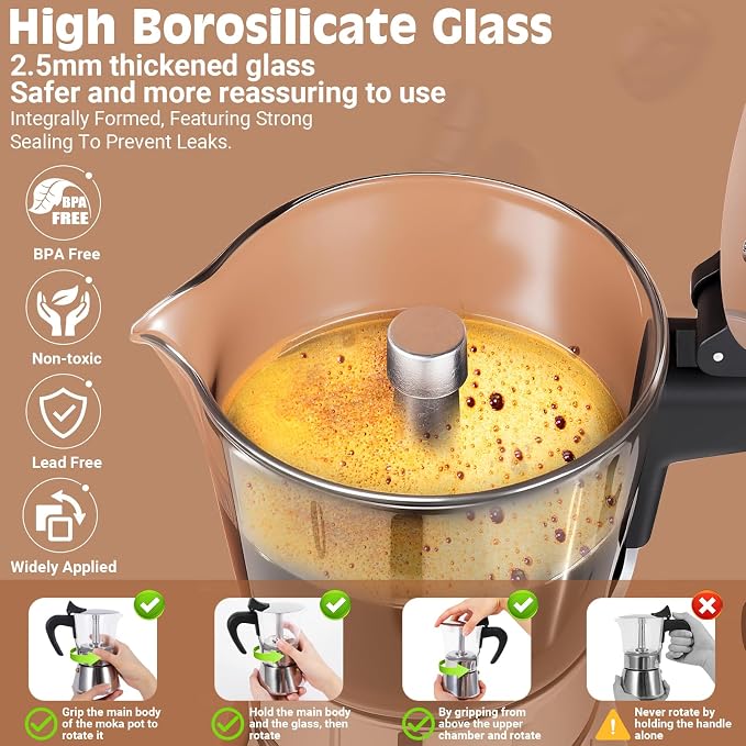 4 Cup 200ml Glass Moka Pot, Stovetop Espresso Maker, Silver | Crystal Glass-top & Stainless Steel Coffee Maker, Induction Compatible, for Greca de Cafe, Cuban and Italian Coffee Brewing