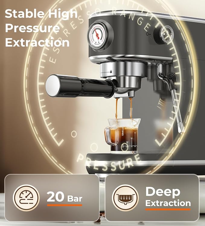 atatix 20 Bar Espresso Machine with Milk Frother, Compact Espresso Maker | Stainless Steel Coffee Machine with Precise Temp Control, 44oz Removable Water Tank for Latte, Cappuccino, Dark Grey