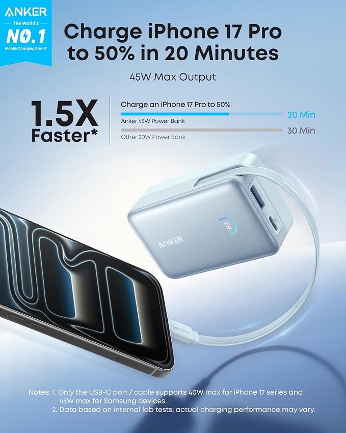 Anker Nano Power Bank, 45W 10,000mAh Portable Charger, iPhone Battery Pack | Built-In Retractable USB-C Cable, for iPhone 17 / 16 Series, iPad, Galaxy, Pixel, and More, Compact Travel Design