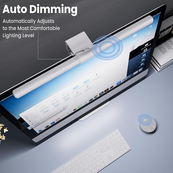 Quntis Monitor Light Bar Pro White, Eye-Care No Glare USB Computer Lamp, Stepless Dimming & Auto-Dimming Brightness, Dual Control, Modern Aesthetic Space Saving Desk Accessories Office Gaming Reading