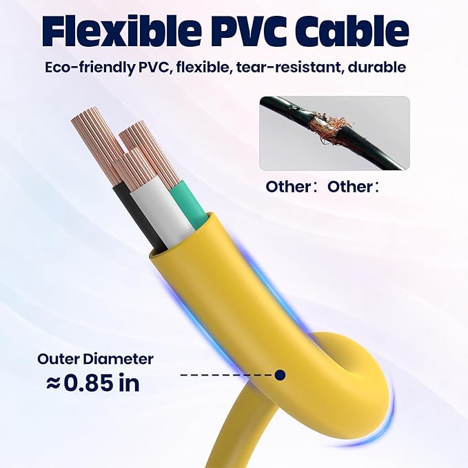 25 ft Heavy Duty Extension Cord Yellow - 12/3 SJTW 15 AMP Indoor/Outdoor Power Cord with 3 Prong Grounded Plug for Lawn Mower, Appliances, Workshop, Water Resistant Flexible Cable.