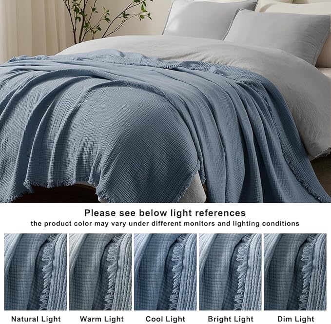 WDCOZY Muslin Blanket 100% Cotton Blankets Twin Size 4-Layer Breathable Lightweight Soft for Couch Bed Boho Farmhouse Linen Tassels Ruffle Gauze Blankets All Season for Adults 60x80 Inches Dusty Blue