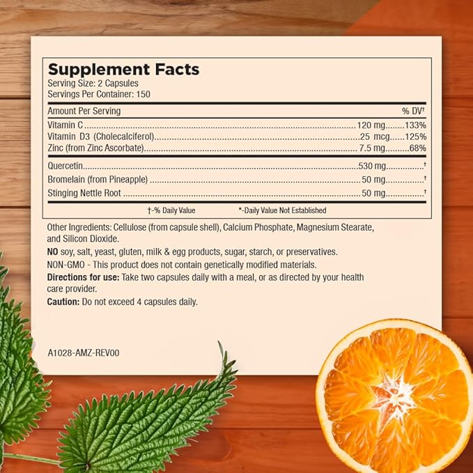 Mt. Angel Vitamins - Zinc Quercetin with Bromelain Supplement – Immune Support & Respiratory Health - Quercetin 500mg Capsules | Zinc 50mg | Vitamin C Capsules | Immune Booster for Adults - 300ct.