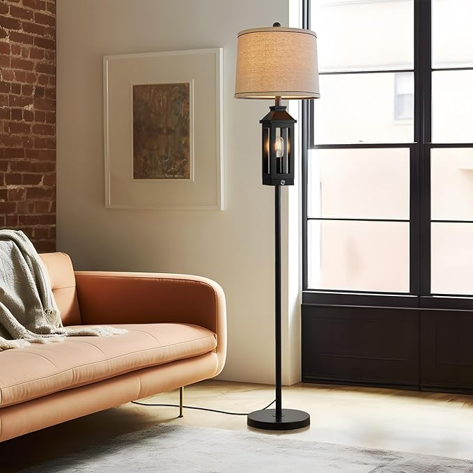 63" Floor Lamps for Living Room Bedside Nightstand Lamp All Black Tall Standing Lamp for Home Decor Bedroom Reading Lamp Farmhouse Rustic Bed Lights with 2 Light Sources (2 Bulbs)