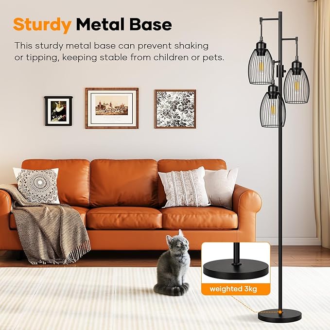 Dimmable Floor Lamp, 3 x 800LM LED Edison Bulbs Included, Farmhouse Industrial Floor Lamp Standing Tree Lamp with Elegant Teardrop Cage Tall Lamps for Living Room Bedroom Office Dining Room-Black