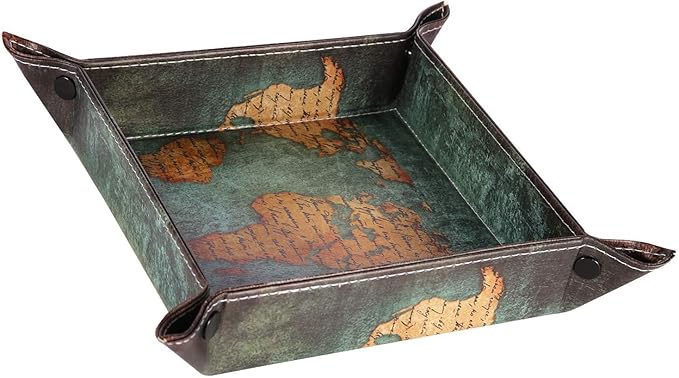 siduater Valet Tray Desktop Storage Organizer, Vegan Leather Catchall Bedside Vanity Tray Nightstand Caddy Holder for Remote Controller, Watch, Keys, Phone, Wallet, Sunglasses, Jewelry - Map