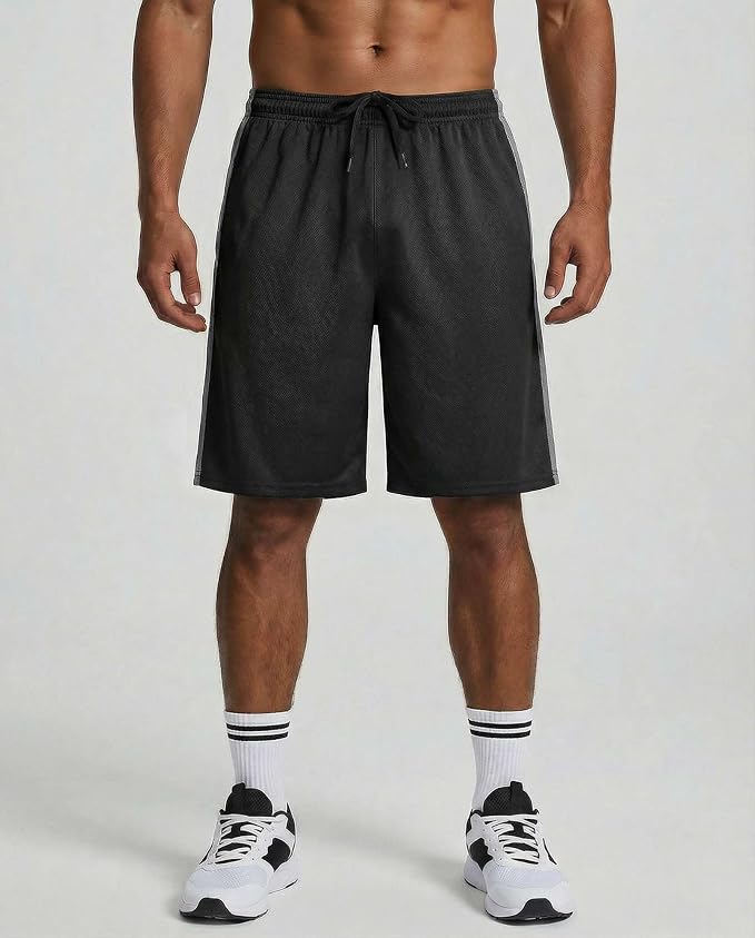 5 Pack Men's Mesh Shorts Athletic Basketball Sports Gym Workout Pockets | Cooling Moisture-Wicking, 9", Long, Quick-Dry, Breathable, Elastic Drawstring Waistband. Running, Exercise, Soccer, Training.