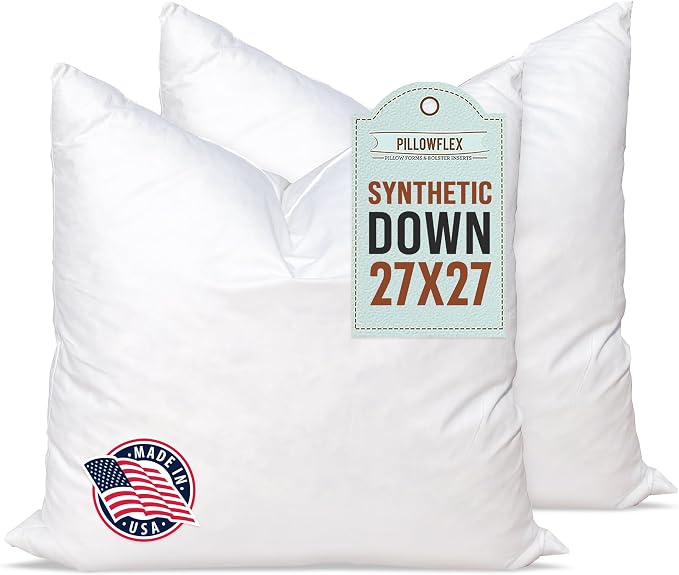 Pillowflex Synthetic Down Pillow Insert 27x27 in - Karate Chop Pillow | Set of 2 - Large Euro Square Sham Form, Plush Polyester Cotton Blend, Cloud-Like Comfort, Clump-Resistant Fill, Smooth Finish