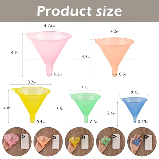 AUEAR, Candy Colors Plastic Funnel Set for Quick and Clean Transferring Kitchen Liquid Spices Powder Cosmetic Lotion Essential Oils Food Grade 5 Different Sizes (5 Pcs)