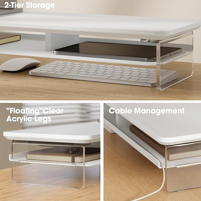 Fenge 42.5" Dual Monitor Stand with Clear Acrylic Legs, White | Clear acrylic, storage compartment, 2-tier home office monitor riser, wide large desktop shelf fit monitor/laptop/printer