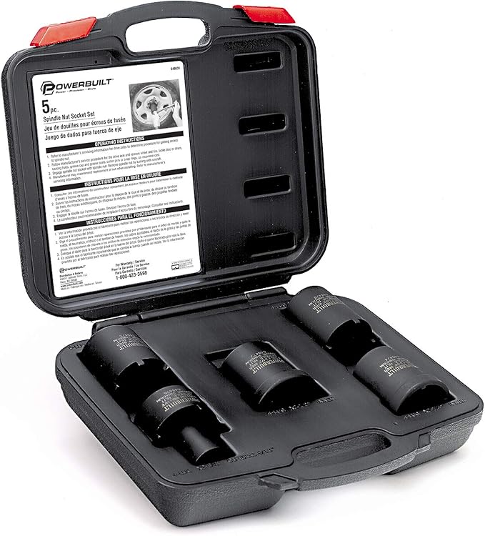 Powerbuilt Spindle Nut Socket Tool Kit, 5 Piece, Remove Spindle Nuts, Various Size Lug Out Spindle Sockets, Size Markings, Storage Case - 648636, Black