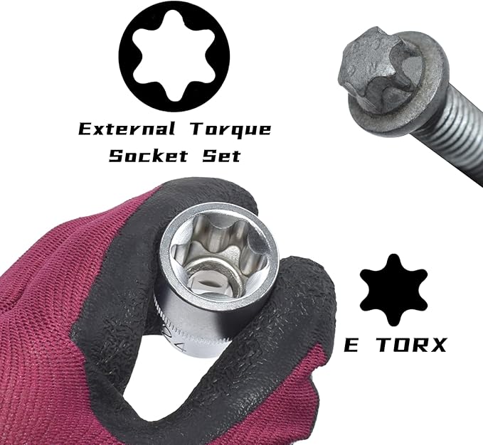 E-Torx Socket Set, 14 Piece Female E-Torx Star Socket Set, 1/4" 3/8" 1/2" Drive, E4 to E24 External Torque E Socket Set, 14pcs Star Socket Kit