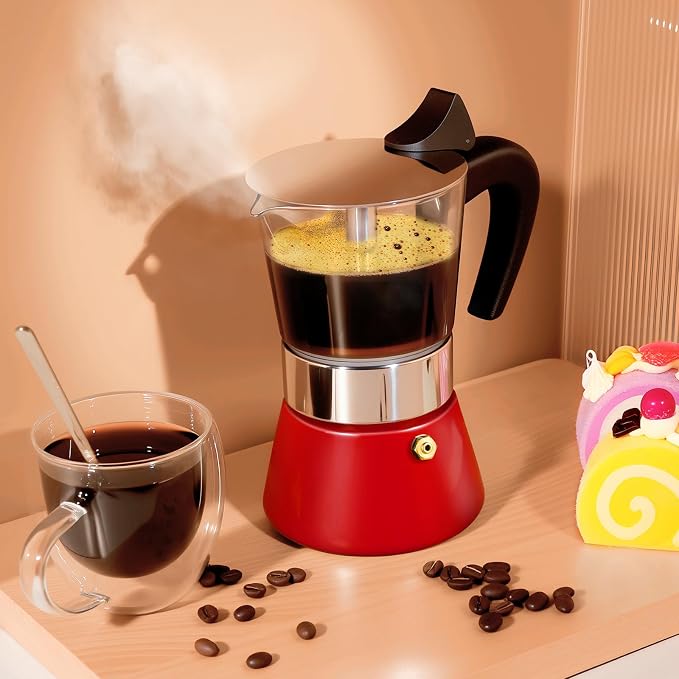 4 Cup 200ml Glass Moka Pot, Stovetop Espresso Maker, Red | Crystal Glass-top & Stainless Steel Coffee Maker, Induction Compatible, for Greca de Cafe, Cuban and Italian Coffee Brewing