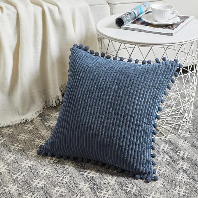 Fancy Homi Pack of 2 Dusty Blue Decorative Throw Pillow Covers 18x18 Inch with Pom-poms for Living Room Couch Bedroom, Soft Corduroy Solid Square Cushion Case 45x45 cm, Rustic Farmhouse Home Decor